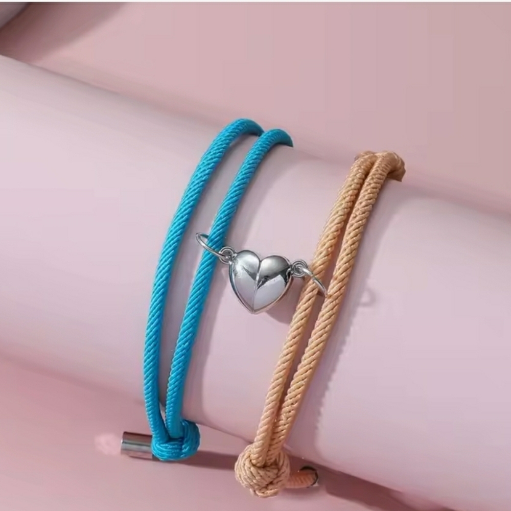Silver Heart Charm Bracelet Set 2 Pice Color Hand Rope Love Magnetic for Couple